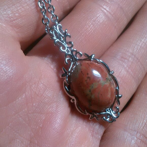 Unakite Silvertone Pendant Stainless Steel Necklace - Picture 9 of 12